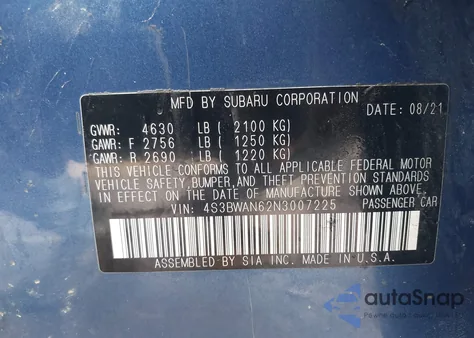 2022 Subaru Legacy Limited z USA, uszkodzony, nr VIN 4S3BWAN62N3007225